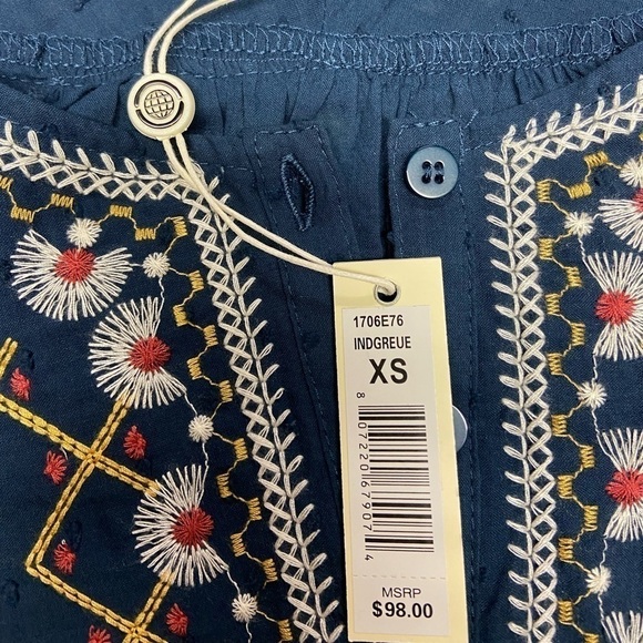Max Studio Indigo Blue Boho Embroidered Peasant Flowy Blouse, XS - Picture 5 of 12